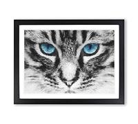 Bright Blue Cat Eyes Painting Modern Art Framed Print | A3 Black Framed Wall Art | Ready to Hang | Modern Animal Picture | Living Room Bedroom Lounge Office