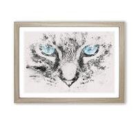 Bright Blue Cat Eyes Watercolour Framed Print | A2 Oak Framed Wall Art | Ready to Hang | Modern Animal Picture | Living Room Bedroom Lounge Office