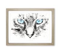 Bright Blue Cat Eyes Watercolour Modern Framed Print | A4 Oak Framed Wall Art | Ready to Hang | Modern Animal Picture | Living Room Bedroom Lounge Office