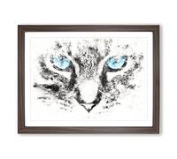 Bright Blue Cat Eyes Watercolour Modern Framed Wall Art Print, Ready to Hang Picture for Living Room Bedroom Home Office Décor, Walnut A4 (34 x 25 cm)