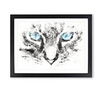 Bright Blue Cat Eyes Watercolour Modern Framed Wall Art Print, Ready to Hang Picture for Living Room Bedroom Home Office Décor, Black A4 (34 x 25 cm)
