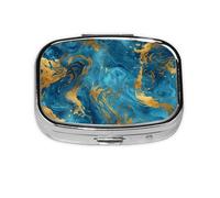 Bright Blue Gold3_1 Square Mini Pill Case, Compact Metal Pocket Pill Box with 2 Compartments for Travel