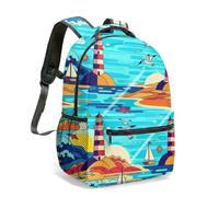 Bright Blue Lighthouse Sailboat 16 Inch Rucksack All Over Print Nautical Ocean School Bag for Kids Travel Art Daypack (06)
