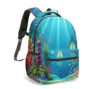 Bright Blue Lighthouse Sailboat 16 Inch Rucksack All Over Print Nautical Ocean School Bag for Kids Travel Art Daypack (07)
