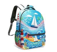 Bright Blue Lighthouse Sailboat 16 Inch Rucksack All Over Print Nautical Ocean School Bag for Kids Travel Art Daypack (08)