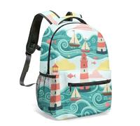 Bright Blue Lighthouse Sailboat 16 Inch Rucksack All Over Print Nautical Ocean School Bag for Kids Travel Art Daypack (01)