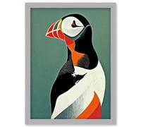 Bright Bold Colourful Atlantic Puffin Bird Portrait Artwork Framed Wall Art Print A4 Artery8 Light Grey One Size