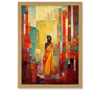 Bright Bold Woman Yellow Saree Sari Hindu Muslim Skirt Dress Painting Artwork Framed Wall Art Print A4 Artery8 Light Oak One Size