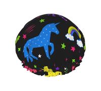 Bright Colorful Unicorn Silhouette and Star Shower Cap Waterproof Reusable Double Elastic Daily Bath One Size