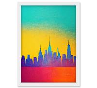 Bright Colourful Abstract New York Skyline Cityscape Yellow Blue Coral Turquoise Artwork Framed Wall Art Print A4 Artery8 White One Size