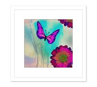 Bright Colourful Purple Emperor Butterfly With Vibrant Chrysanthemum Flowers Garden Nature Square Wooden Framed Wall Art Print Picture 8X8 Inch Artery8 White One Size