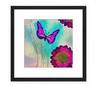 Bright Colourful Purple Emperor Butterfly With Vibrant Chrysanthemum Flowers Garden Nature Square Wooden Framed Wall Art Print Picture 8X8 Inch Artery8 Black One Size