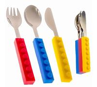 Bright Colourful Snack & Stack Cutlery Set for Children with Knife Fork & Spoon. 3 Piece Stacking Blockware Dining Utensils in Stainless Steel. Fun Blocks Play at Dinner. Silicone Handle Tableware