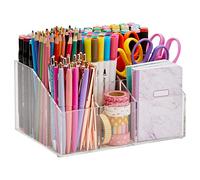 Bright Creations 7 Compartment Desktop Organiser, Clear Acrylic Pen Holder for Office and Home, 22 x 16.5 x 11.5 cm