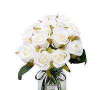 Bright Creations Artificial Roses Flowers, 12 pcs Roses Fake Flower, Realistic Flower Wedding Bouquet, Artificial Faux Floral for Arrangements Dining Table Office Wedding Party Decor (12 White Rose)