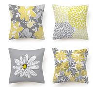 Bright Creations Cushion Covers Set of 4 Grey and Yellow Daisy Floral Pattern Decorative Throw Pillow 18 X Inch Square Case Linen Shell for Sofa Bedroom Living Room Decor
