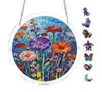 Bright Floral Mosaic 7.8x7.8in Round Acrylic Hanging Puzzle | Creative Home Accent with Visual Appeal