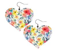 Bright floral watercolor Leather Earrings for Women Heart Earring Lightweight Dangle Earrings Jewelry Gifts, One Size, No Gemstone