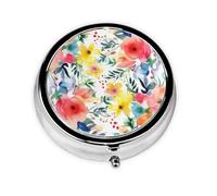 Bright Floral Watercolor Pill Box Metal Round Small Pill Case Cute 3 Compartment Pill Organizer Portable Travel Pillbox Mini Pill Container Holder for Daily Medicine Supplement Vitamin