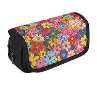 Bright Flower Style Pencil Case Organizer Large Capacity Cute Pen Pouch with 3 Compartment Office Stationery Large Pencil Bags with Zipper Fabric Pen Bag for Adults Portable Makeup Bag (Black)