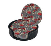 Bright Flowers Coasters Set Of 6 For Drinks With Holder, Print Round Leather Non Slip Tabletop Protection Coasters