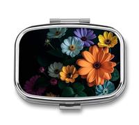 Bright Flowers Pill Box - 2 Compartment Travel Pill Organizer with Small Mirror, Portable Pillcase for Pocket & Purse, Cute Square Medicine Case, Weekly Medicine Container