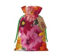 Bright flowers Printed Christmas Drawstring Bags Reusable Bag for Party Xmas Gift Wrapping, Green Ribbon, M