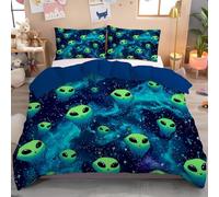 Bright Green Double Duvet Cover Sets Soft Nebula Extraterrestrials Printed Bedding Set Microfiber Duvet Covers Science Fiction Style Quilt Cover (200x200cm) with 2 Pillowcases