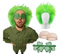 Bright Green Spiky Wig,Clover Sunglasses 2 Hair Nets For Theme Costume Parties For St. Patrick's Anime Cosplay Festival