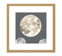 Bright Huge Full Harvest Moon Over Mountain Peaks Square Wooden Framed Wall Art Print Picture 8X8 Inch Artery8 Light Oak One Size