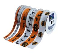 Bright Ideas 6 Pack 5m X 9mm & 22mm Lengths, 30M Value Pack of Printed Halloween Cross Grain Ribbon Bundle, Assorted Ribbon for Crafts Gift Wrapping, Wedding Party Decoration