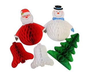 Bright Ideas Retro Christmas Hanging Honeycomb Decorations. PK05 Festive Shapes in 4 Assorted Designs. Santa, Snowman, Christmas Tree and Bells. BI2077.