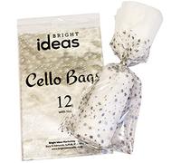 Bright Ideas Silver Stars Cellophane Bags, PK12 28cm x 18cm Food Safe Cookie Bags with Colour Twist Ties - Bags for Gifts, Packaging, Wrapping Sweets bag for Hamper Making for Birthday Party. BI2621.