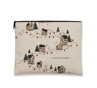 Bright & Joyous Makeup Bag, Cozy Holiday Cottage Cosmetic Travel Pouch for Women, Portable Small Canvas Zipper Organizer, Christmas Skincare Toiletry Bag, beige, 7x9 Inch, Cottage