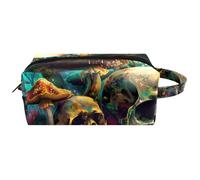 Bright Magic Mushrooms and Skulls Women’s Leather Cosmetic Bag Pouch with Handle, Waterproof Hanging Toiletry Travel Bag, Small Pencil Case for Kids