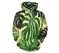 Bright Monstera Leaves 3D Printed Long Sleeve Hoodies for Men Women, Fashion Novelty Tropical Plants Hoodies, Streetwear Unisex Pullover Hoody Sweatshirts Tops with Big Pockets 5XL