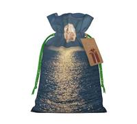 (Bright Moon at Sea Hippie) Printed Christmas S Size Gift Bags with Green Ribbon Drawstring Candy Bags for Kids Xmas Holiday Christmas Eve Presents