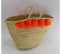 Bright orange double sided 10 Pom Pom Moroccan Market Shopping Basket - Rope Handles - W48 D18 H30