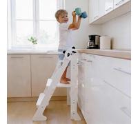 Bright Panda Montessori Foldable Learning Tower - 3-Level Adjustable Toddler Tower with Anti-Tipping Feet, Ultra-Stable with Thicker 1.8cm Birth Plywood, Includes Montessori Wooden Knife (White)