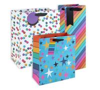 Bright Patterned Mixed Gift Bags, Pack of 3 Paper Present Bags with Ribbon Handles & Gift Tags, Bottle, Medium & Large Sizes for Birthdays, Celebrations & Special Occasions