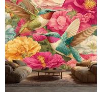 Bright Peony Flower Hummingbird Wallpaper Mural, Colourful Vibrant Floral Bird Wall Mural, Non-Woven Print Photo Wallpaper for Bedroom Living Room Decor 450x315 cm V335
