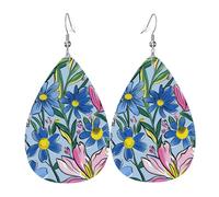Bright Pink Blue Daisy Printed Water Drop Earrings, Lightweight Leather Teardrop Dangle for Date and Party
