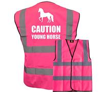 Bright Pink High Visibility Vest with White CAUTION YOUNG HORSE - HORSE RIDING By Brook Hi Vis Medium