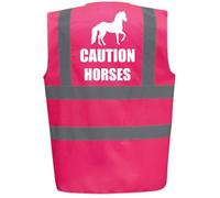 Bright Pink High Visibility Vest with White Text CAUTION HORSES WITH IMAGE- HORSE RIDING By Brook Hi Vis Medium