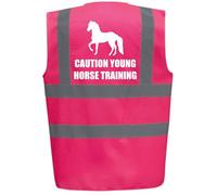 Bright Pink High Visibility Vest with White Text CAUTION YOUNG HORSE TRAINING WITH IMAGE - HORSE RIDING By Brook Hi Vis X-Large