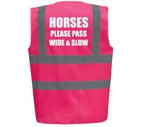 Bright Pink High Visibility Vest with White Text HORSES PLEASE PASS WIDE & SLOW- HORSE RIDING By Brook Hi Vis Small