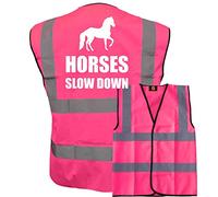 Bright Pink High Visibility Vest with White Text HORSES SLOW DOWN WITH IMAGE- HORSE RIDING By Brook Hi Vis Medium