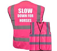 Bright Pink High Visibility Vest with White Text SLOW DOWN FOR HORSES - HORSE RIDING By Brook Hi Vis Medium