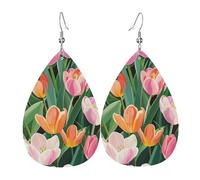 Bright pink tulip Printed Water Drop Earrings, Lightweight Leather Teardrop Dangle for Date and Party
