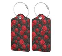 Bright Poppy Red Rose Pattern Vintage Luggage Tag for Suitcase 2 Pack Leather Luggage Tag with Privacy Flap Name Id Label and Metal Loop for Women Men Travel
